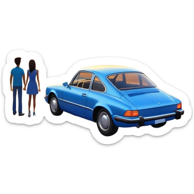 A parked blue car sits quietly on the side of an open road, facing a breathtaking sunset. Two people stand outside, backs turned, watching the horizon. The road stretches endlessly ahead, surrounded by a peaceful, glowing landscape full of light, warmth, and possibilit sticker