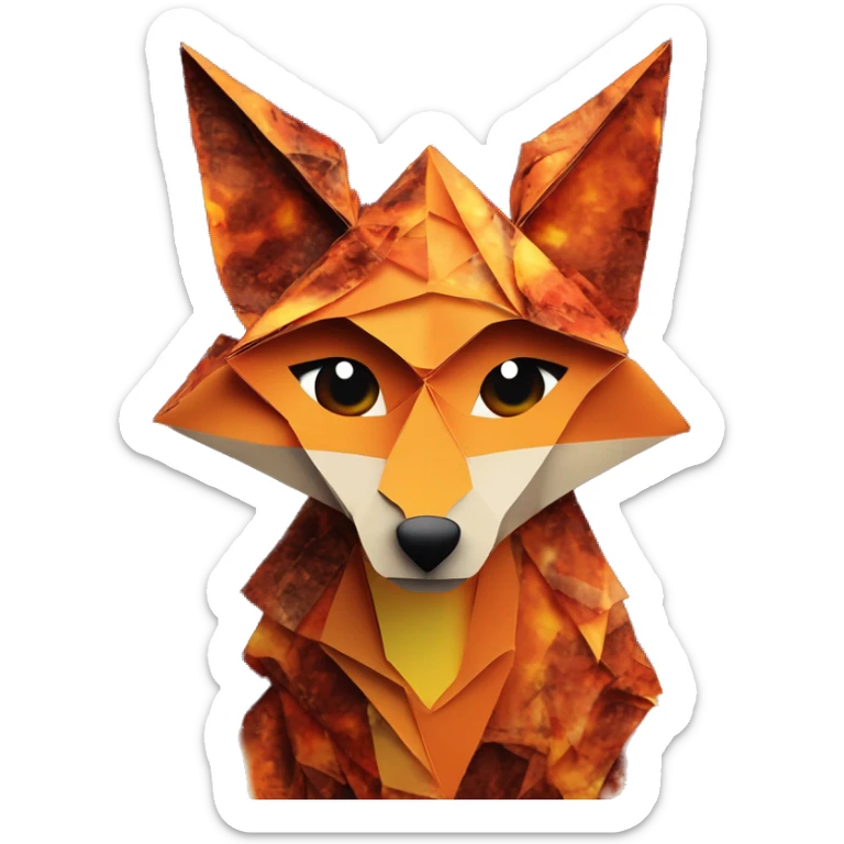 Charred flaming fiery Origami fox made of newspapers on fire letters on fire burnt paper surrounded by fairy lights swirls covered in dried thorns bokeh vines fire flames sticker