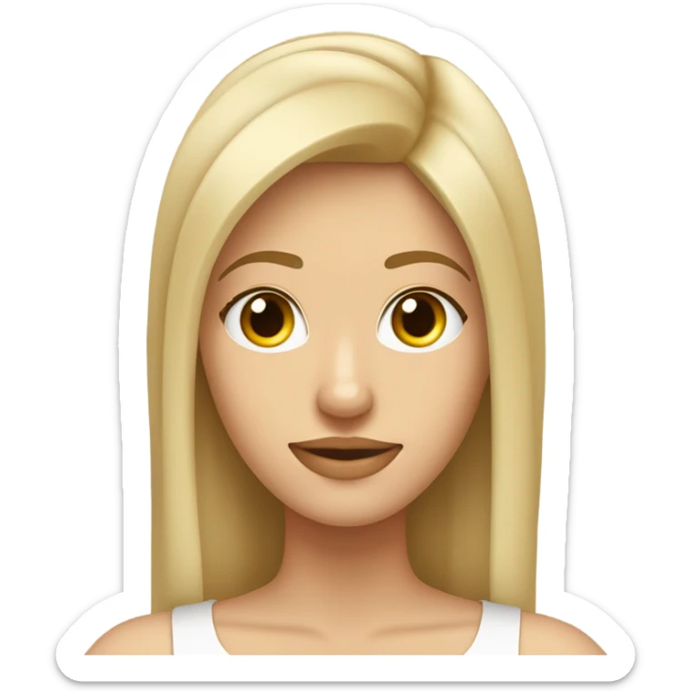 Mujer con cabello rubio lacio, bajo el hombro, con flequillo de lado, frente amplia y aros de argolla. Con una polera con cuello en color beige con cuello. sticker