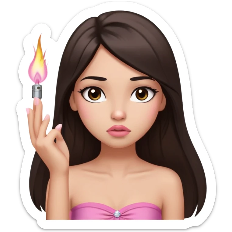 girl with lighter skin, dark brown long straight hair falling in front of her body, pouty shiny lips without cupid's bow, large eyes, lighter button nose, long oval-shaped face, wearing a pink bandeau top with straight neckline, looking directly at camera with hands down at sides sticker