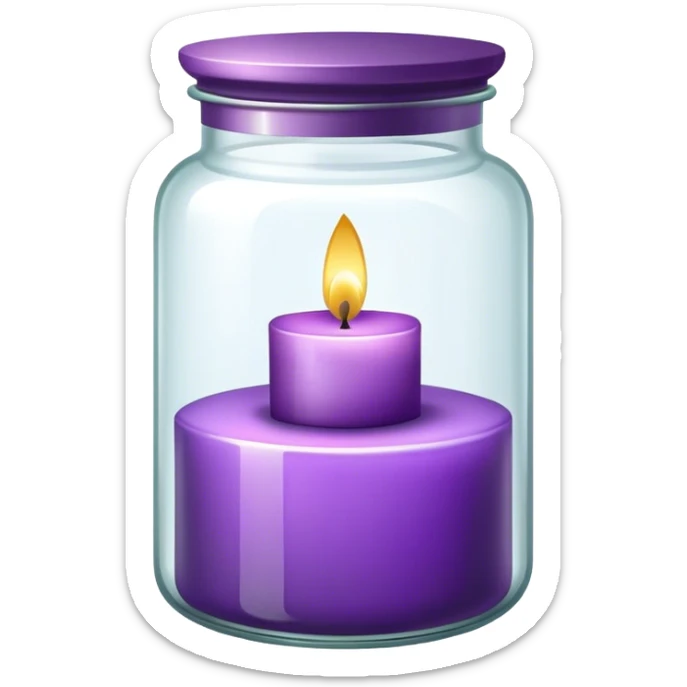 Purple candle in a glass jar with a glass cover sticker