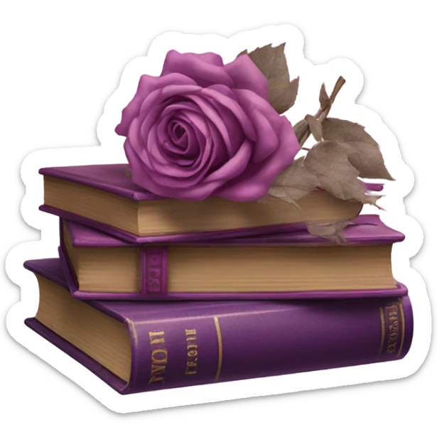 An aesthetic stack of vintage books in various shades of purple with dried pink roses. sticker