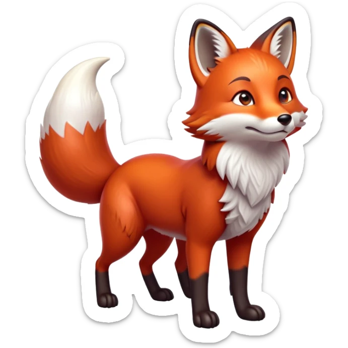 cinematic-noble [fox]-realistic-full-body-standing on all fours-emoji,-tail-tucked-close,-head-tilted-dramatically,-fox-[red]-fur,-simplified-yet-realistic-focused-features,-highly-detailed,-glowing-with-an-almost-sarcastic-glow  expressive eyes sticker