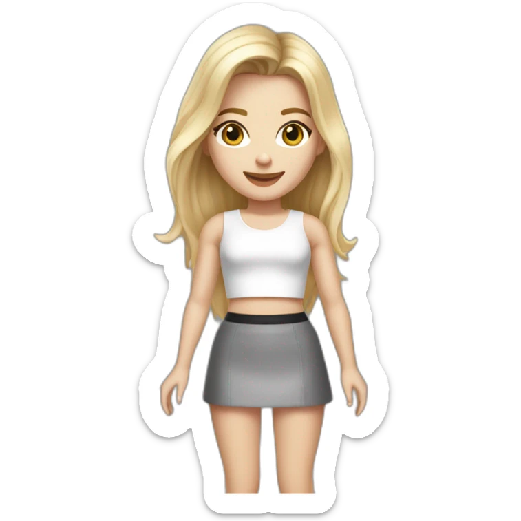 realistic caucasian long blonde hair dark brown eyes woman white crop top gray mini skirt black high heels full body sticker