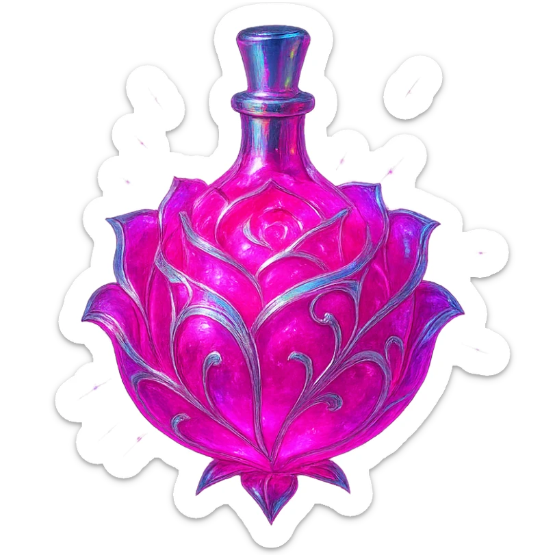 modernus prabangus eliksyro buteliukas, rožės forma, ryški rožinė spalva, holografiniai ir sidabriniai ornamentai, maksimaliai stiprūs magiški švytėjimai ir efektai, labai mažas kaklelis, skaidrus fonas, vientisas dugnas, be šešėlio, plūduriuoja ore, kolekcijos stilius sticker