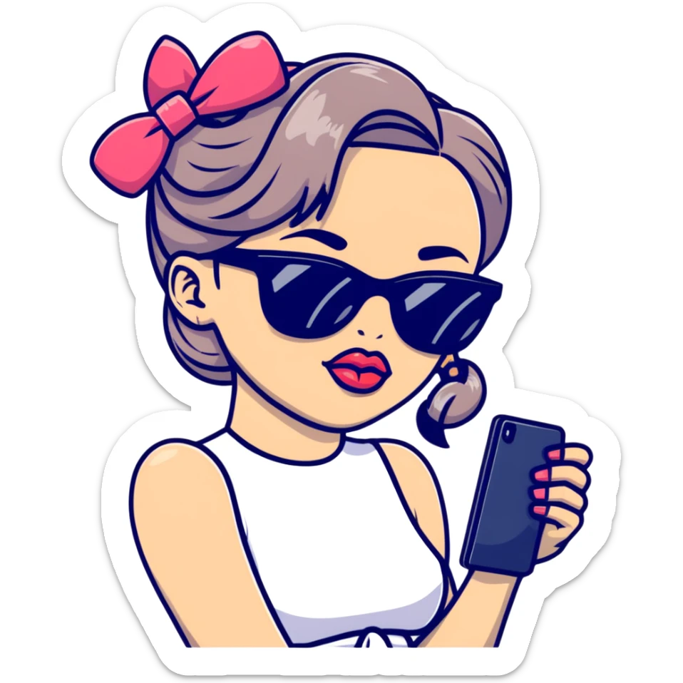Girl with huge lips, sunglasses, bow on her hair, holding a phone with attitude sticker