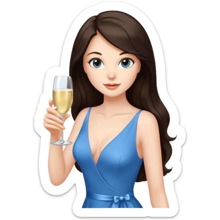 Sexy brunette woman long dark brown hair, hazel eyes, pale skin toasting with champagne in sexy blue dress sticker