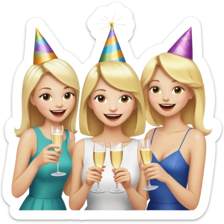 Woman with long blonde hair at the center of the group, her friends with short hair around her, all laughing, party sticker
