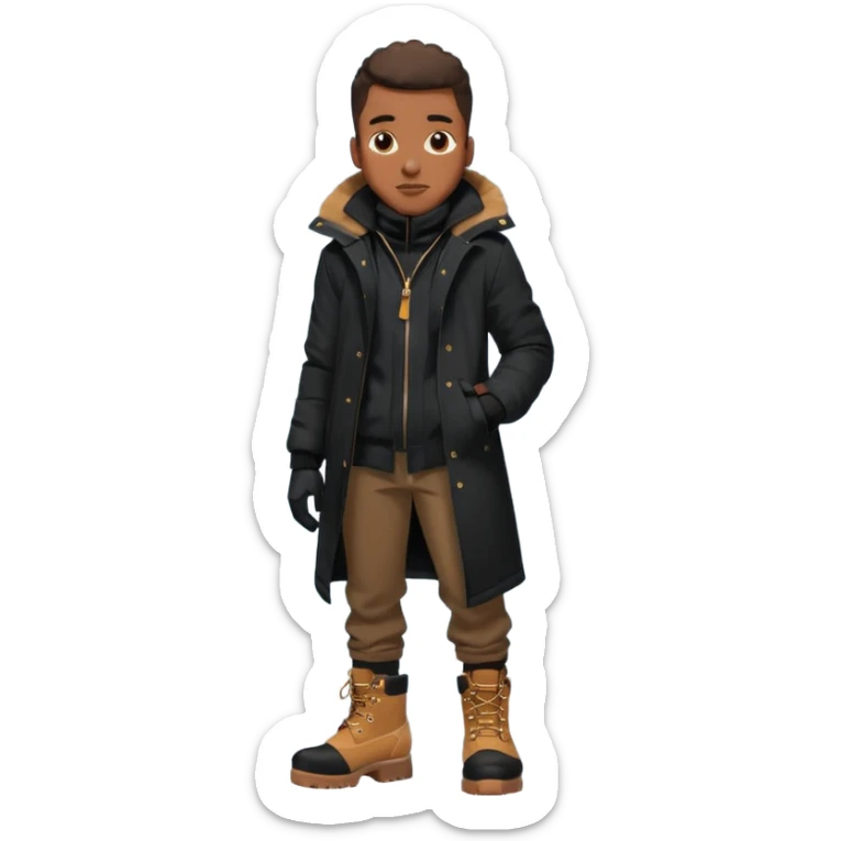 Handsome Black grown man with brown skin tone, wearing black joggers, a black weather coat, and buckwheat timberland boots, and black gloves sticker
