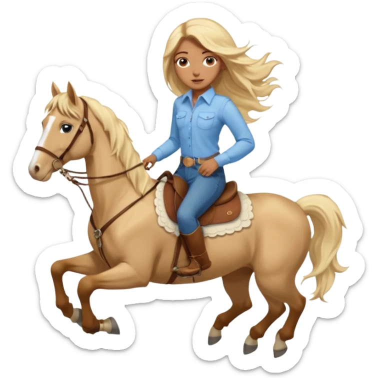 Brown girl with blue eyes and very, very long blonde/gold hair that’s blowing in the wind wearing a cream colored collared long sleeve shirt and jeans with brown boots on top of a brown horse, don’t show it’s legs  sticker