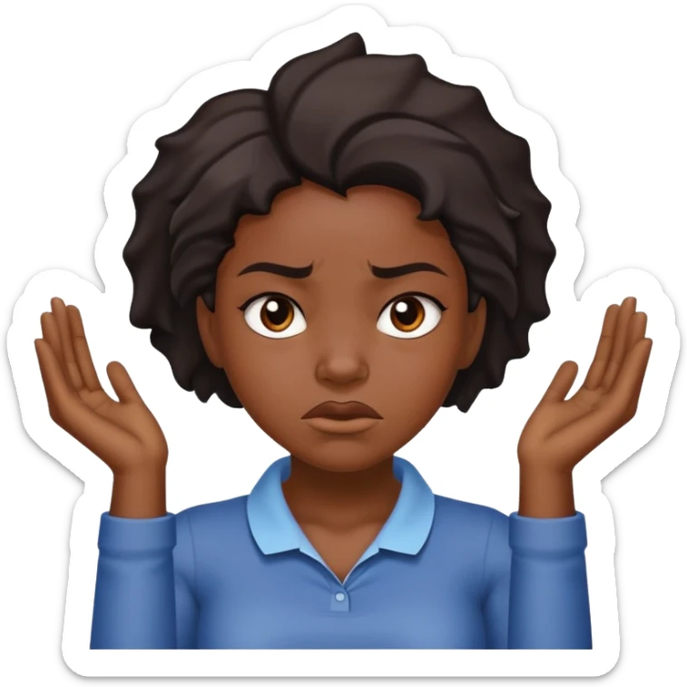 Black girl with two hands across her neck with a slightly angry face sticker