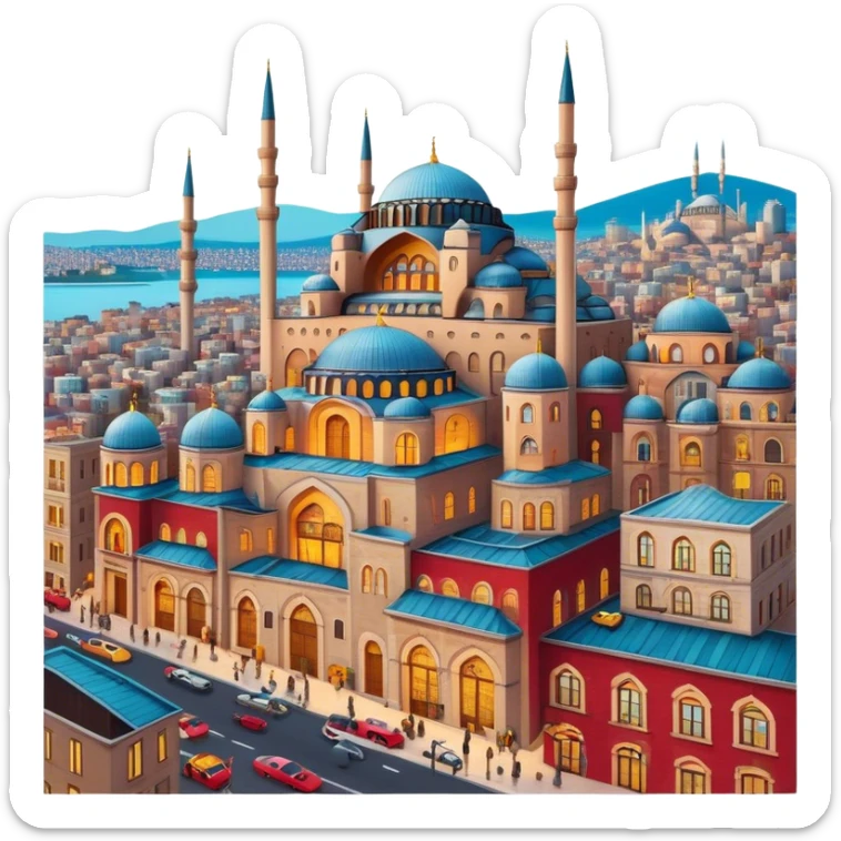 Cinematic Realistic Istanbul Pop Culture Emoji, depicted with a vibrant portrayal of the bustling cityscape rendered with lively textures and energetic, urban lighting. sticker