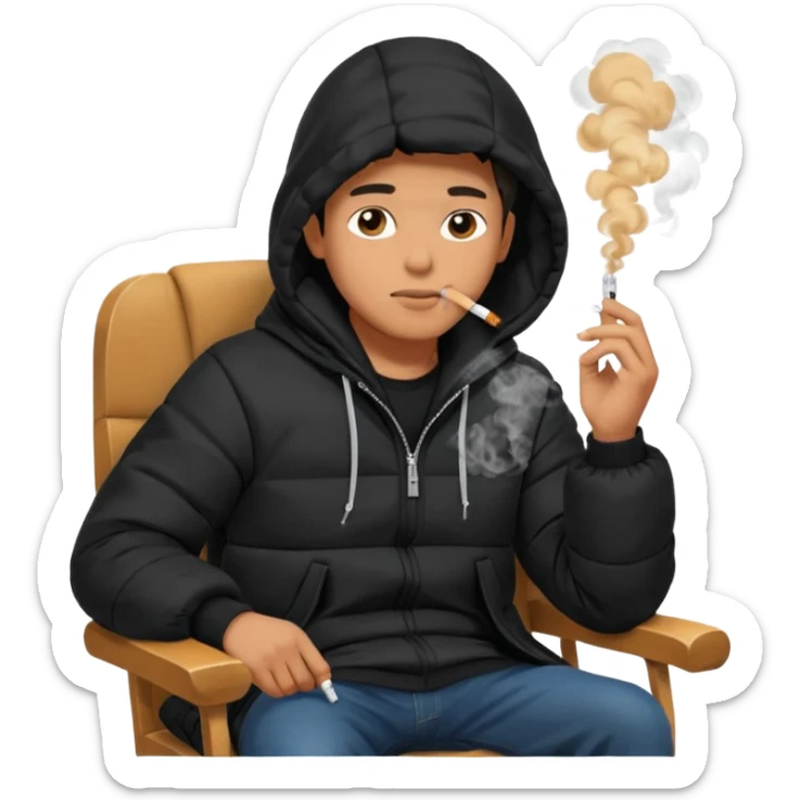 A man sitting on a chair, wearing a black puffed coat with hood, hands in his pocket, smoking a cigaret, he is on a chair i sticker