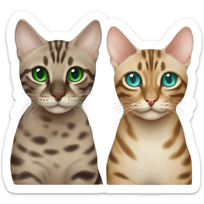 Seal Bengal cat with Blue eyes + charcoal Sepia bengal cat with Green eyes sit Next to each other  sticker