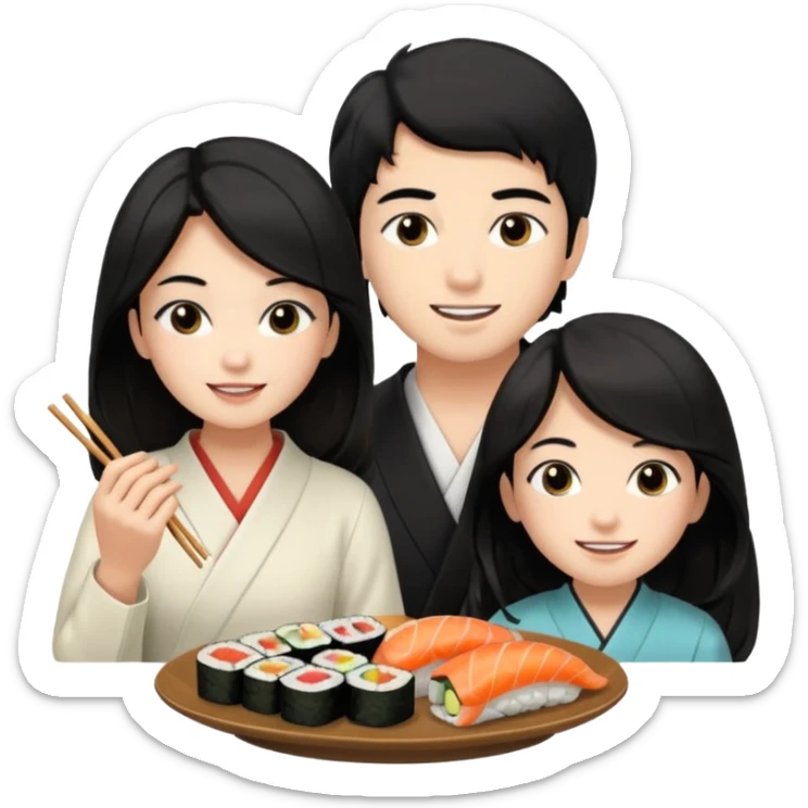 czarnowłosa ksieżniczka w dlugich wlosach je sushi z chłopakiem o czarno brązowych włosach i są zadowoleni i są nastolatkami i te włosy są lekko krecone i chłopak ma włosy do wysokosi nad brwiami sticker