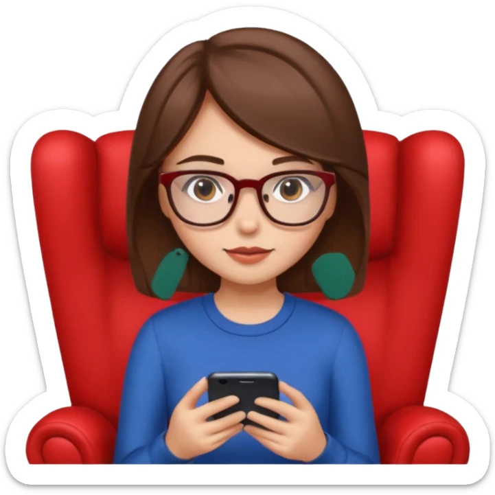 Menina de cabelos castanhos e óculos sentada numa poltrona olhando o smartphone  sticker