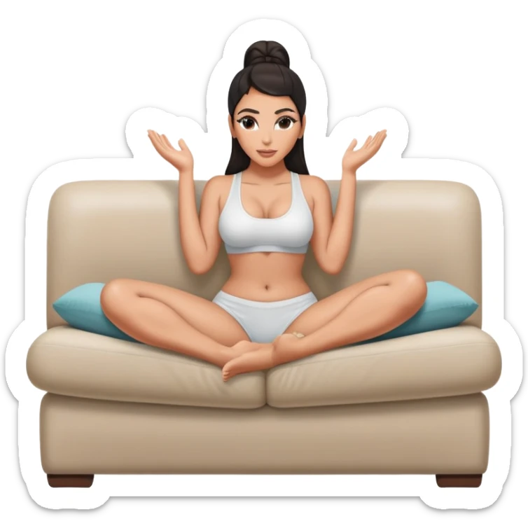 hypereal fullbody kim kardashian in undies lying on couch comfy in yoga pose missionary holding her legs up with hands sfw sticker