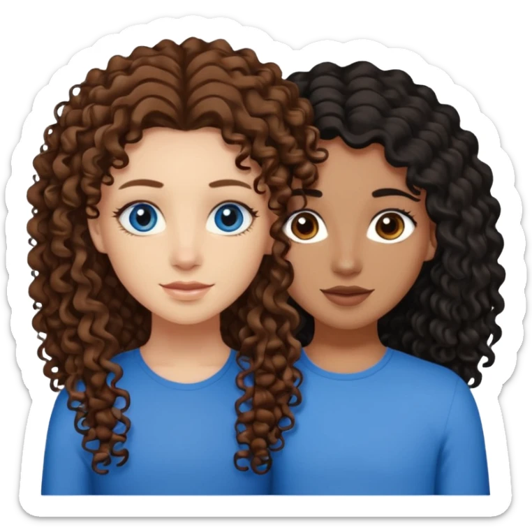 Two best friends .bestie 1: beige skin with brown long hair and blue eye. Bestie 2:mixed race skin with curly black hair and brown eye sticker