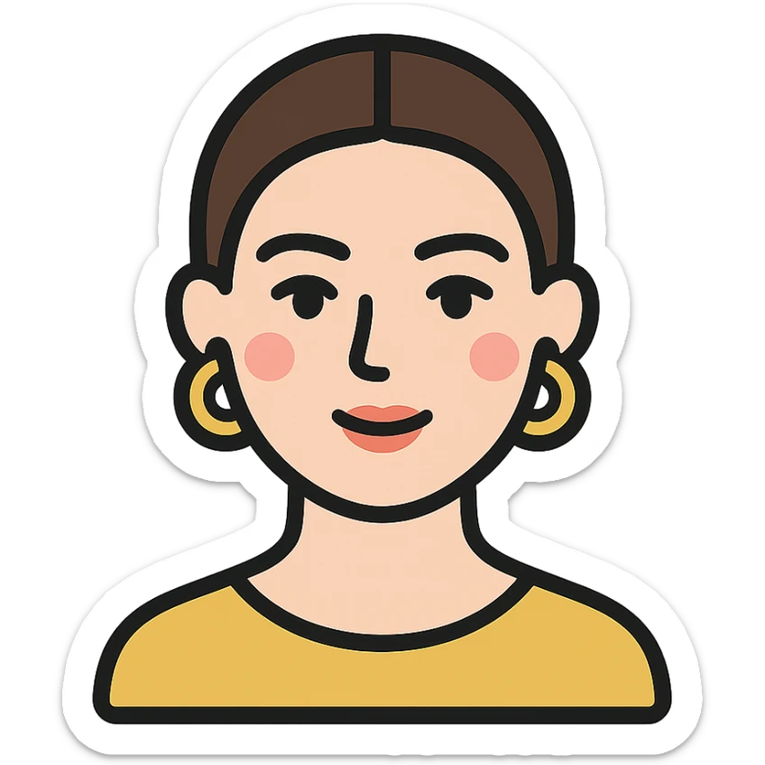 minimalist icon of a clean girl with slicked-back hair, gold hoop earrings, natural makeup, neutral background sticker