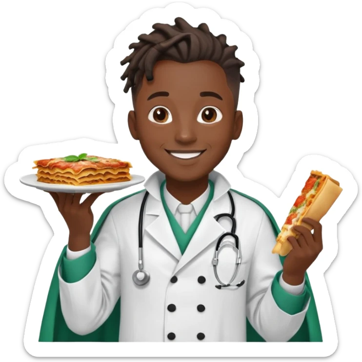  High fade ponytail dreadlock male black hair dark skin smiling doctor and nigerian cape eating lasagna  sticker