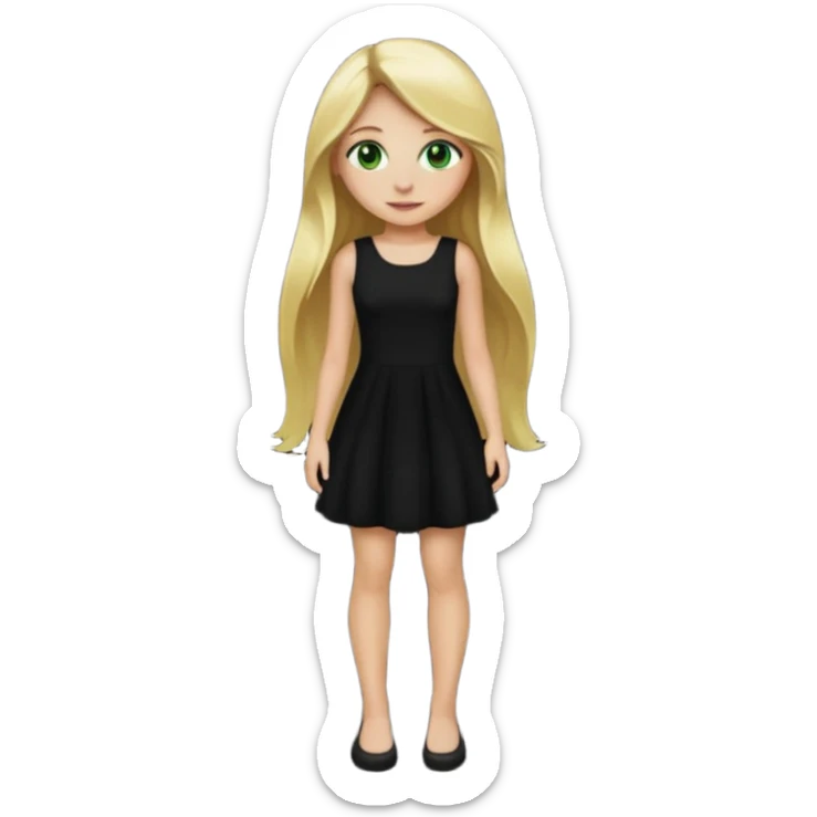 Full body blonde girl with long hair and green eyes, wearing a black dress, emoji style, sticker