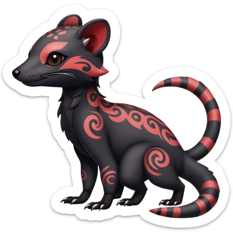 Rare warm-colored exotic gloomy tropical edgy cute epic aesthetic spooky dark gothic colorful Salandit-Civet-species-Fakemon-hybrid-creature, with tribal tattoo markings, full body sticker