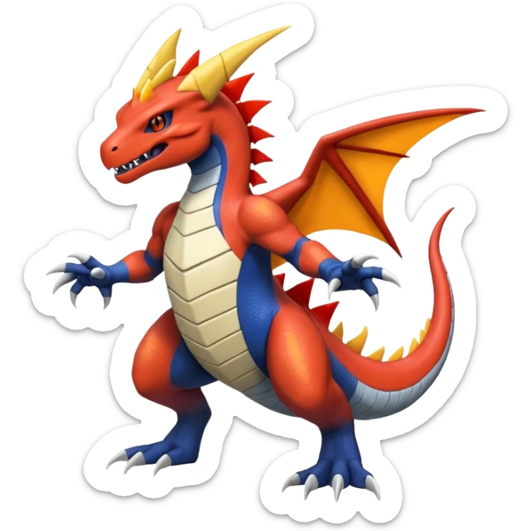 Handsome cool badass edgy Charmeleon-Latias-Garchomp-Giratina-Pokémon-Fakémon-fusion-hybrid-creature, full body sticker