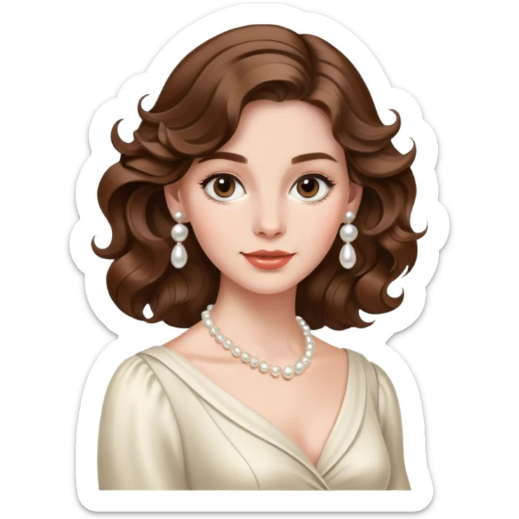 Elegant British girl with wavy hair and pearl earrings, refined features sticker