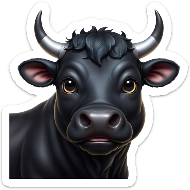 Cinematic Cute Black Bull Portrait Emoji, Head tilted playfully and inquisitively, featuring a glossy, robust black hide with a striking sheen, round, sparkling dark eyes filled with gentle curiosity, Simplified yet irresistibly adorable features, highly detailed, glowing with a warm, friendly glow, high shine, affectionate and imposing, stylized with a touch of rugged charm, bright and endearing, soft glowing outline, capturing the essence of a mischievous yet loving bull, so playful it feels like it could stomp out of the screen and into your arms! sticker