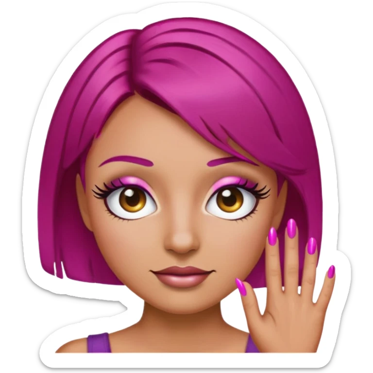 Emoji face with lashes and brown nails short magenta hair tanned sticker
