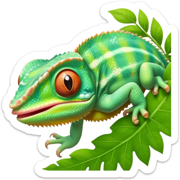 cinematic cute -baby chameleon-realistic emoji, mouth wide open with tongue out catching prey, -blending-with-vibrant-greenery.-detailed-scales-in-shifting-colors,-showing-the-chameleon’s-ability-to-camouflage.-soft-natural-light-highlights-its-texture.-light-background, zoomed into its face sticker