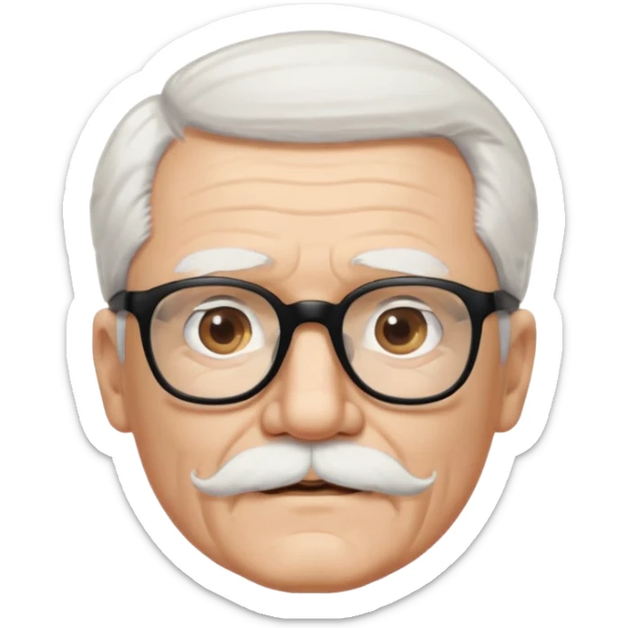 An elderly man with white hair and mustache, wearing black glasses and looking straight ahead with a gentle expression. sticker