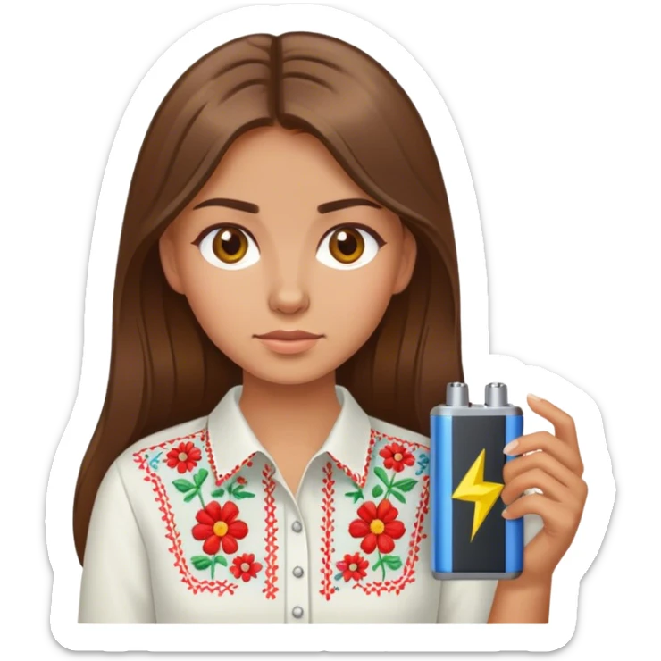 A Ukrainian girl with brown hair in an embroidered shirt holds a battery sticker
