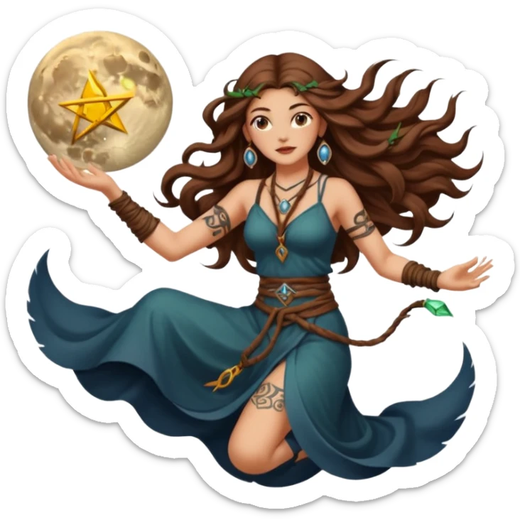 moon druid woman long wavy brown hair tattoos pulling rune card from air sticker