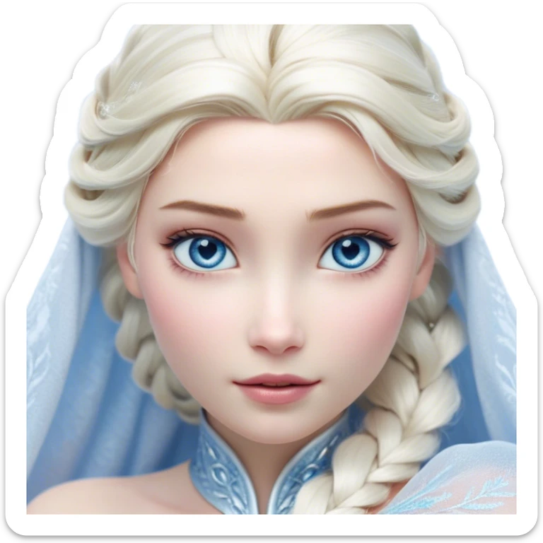 Cinematic Realistic Elsa Portrait, depicted with lifelike skin texture, soft natural lighting, and intricately detailed platinum blonde hair styled elegantly. Her striking, expressive blue eyes exude confidence and grace, complemented by a serene and regal expression. She is dressed in her signature icy attire, with shimmering fabric textures and delicate folds that catch the light beautifully. The portrait features a soft, enchanting glow with a cool, radiant finish, capturing the essence of timeless elegance in a realistic and painterly style, evoking a sense of depth and authenticity. sticker