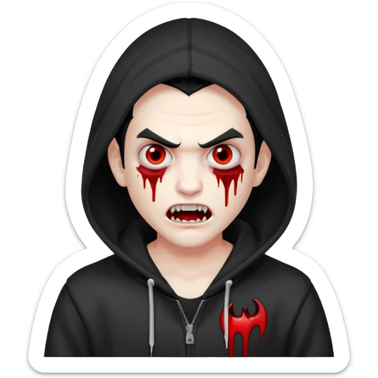 Vampire with gray white skin and full white eyes and bloody fangs and a black hoodie and scary face and black hair  sticker
