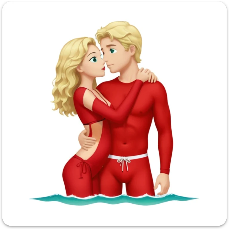 Red Bikini Green eyes blonde wavy Hair Kissing man blue eyes black hair whole Body Background sea sticker