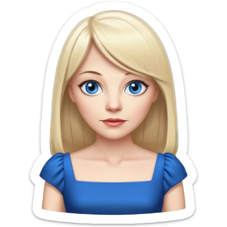 45 yr old white woman, pale skin, long straight blond hair parted in center, blue eyes, bangs, clothes for dinner sticker
