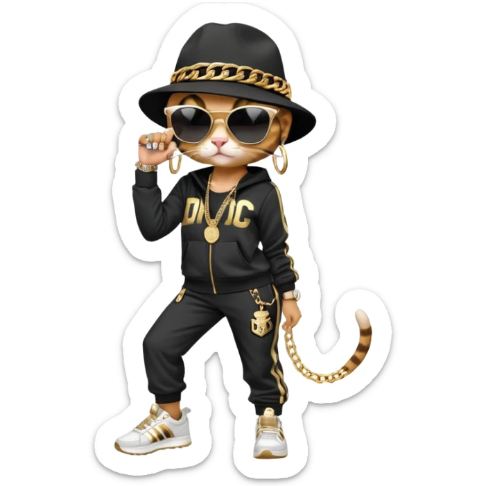 female cat wearing Run DMC hip-hop outfit with tracksuit, fedora, Adidas sneakers, dark sunglasses, many gold chains, rings, bracelets, flashy earrings, upright pose sticker