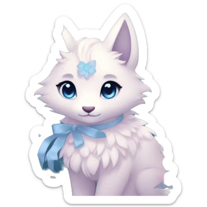 Anthro Cute Cool Blushing Pastel Innocent Shy Kawaii gorgeous sparkly ethereal fantasy anime animal creature with blue eyes furry sona with flowers and ribbons beautiful aesthetic sticker