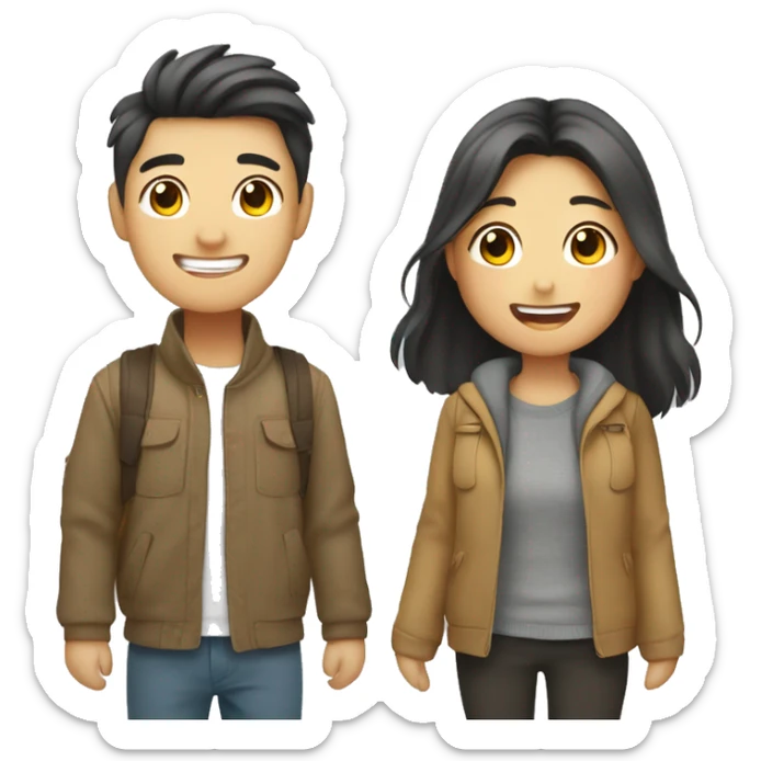 Cute Asian couple (girl with wavy long hair guy with short straight hair) excitedly traveling  sticker