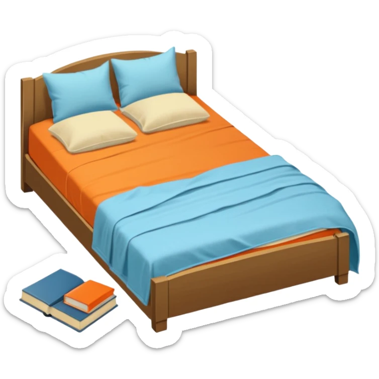 bed with a wrinkled light blue blanket, cream mattress, and one pillow out of place on the floor. Around the bed, scattered items include an orange t-shirt, greenish-blue pants, and an open book on the floor. The background is transparent sticker