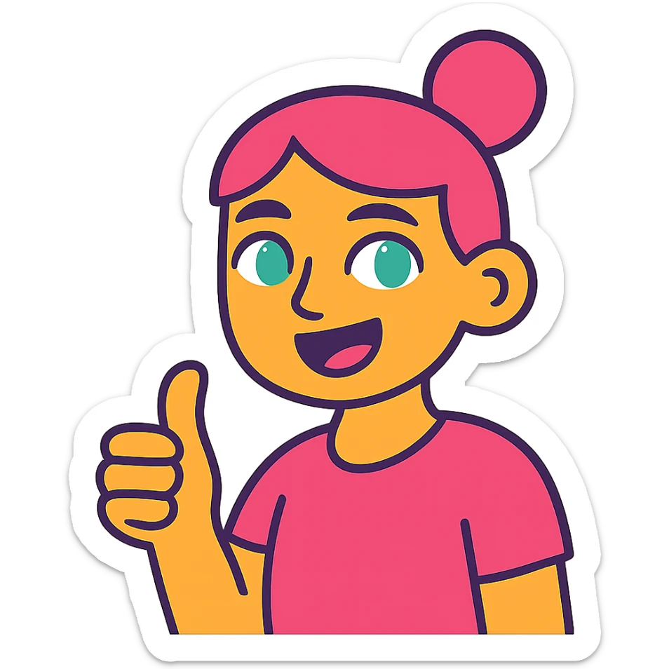 girl with pink topknot haircut and green eyes giving a thumbs up sticker