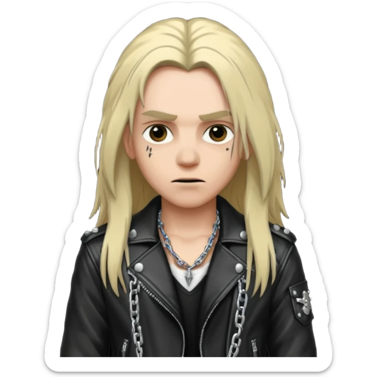 A fan of heavy extreme music, a metalhead in chains with rivets on a leather jacket sticker