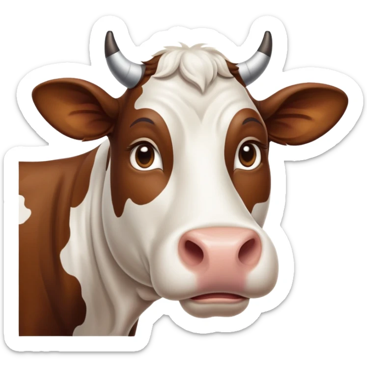 cinematic-noble-brown-and-white-cow-portrait-emoji,-poised-and-regal,-with-a-large,-sturdy-build-and-a-beautifully-patterned-hide-of-rich-brown-accented-by-crisp-white-patches,-deep-set-soulful-brown-eyes,-simplified-yet-sharp-and-sophisticated sticker