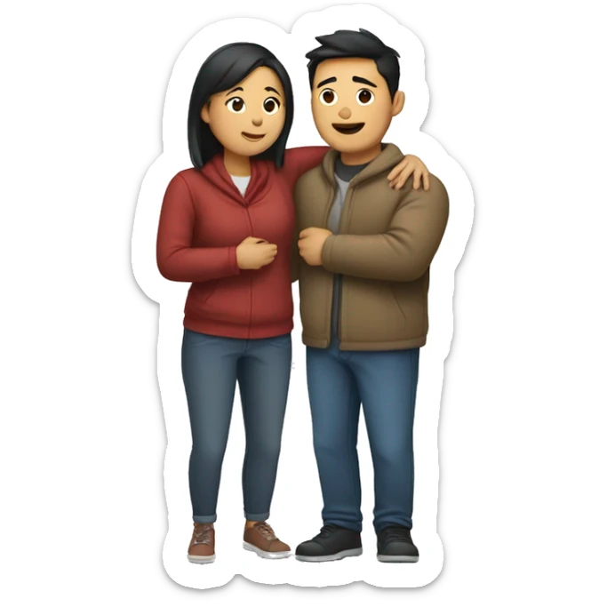 An Asian woman hugs him from the right and an Asian man hugs him from the left sticker