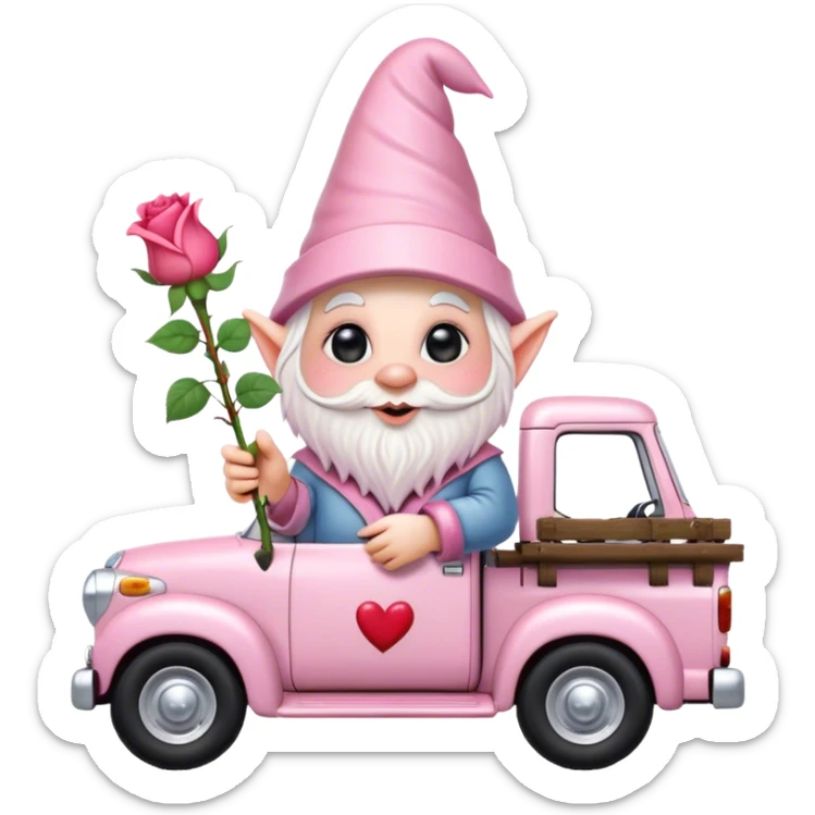 An adorable little pale pink Valentine’s Day style gnome with large glistening eyes, holding a rose with hearts in the background riding in the back of a beat up old pick up truck sticker