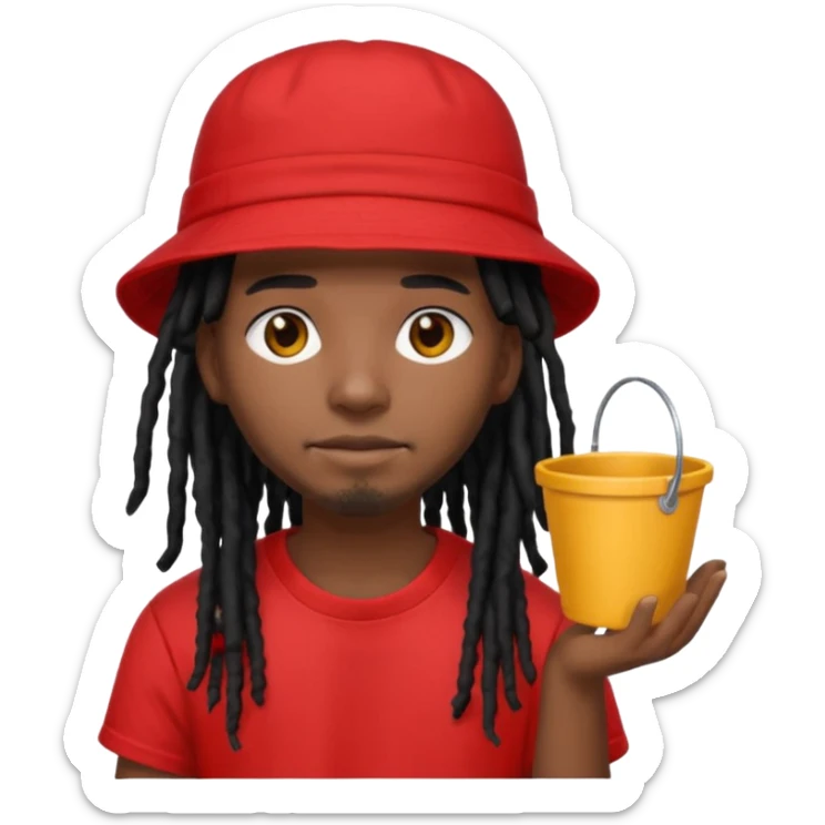 dark brown skin, black hair dreadlocks, wear red t-shirt, black bucket hat sticker