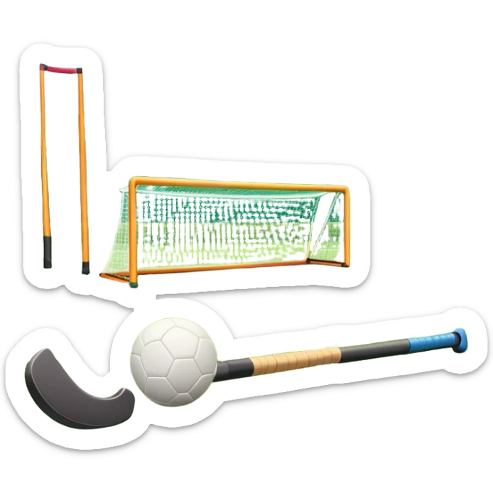 A field hockey stick and ball resting on a well-maintained green grass field, with the goalposts and markings visible in the background. The scene highlights the precision and focus of the sport, with the vibrant green pitch creating a dynamic atmosphere. sticker