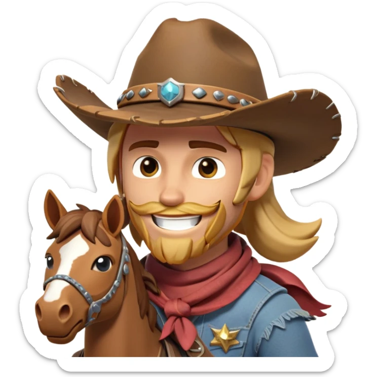 clash-of-clans-aesthetic_-cinematic-playful-cowboy-portrait-emoji, head-tilted with a roguish, cheeky grin and twinkling eyes, featuring a rugged, spirited build with a wide-brimmed cowboy hat and a weathered bandana on tan skin, riding a powerful galloping horse with dynamic flowing mane, reins gripped firmly in one hand and a lasso in the other, as dust swirls behind them in a vast desert landscape. sticker